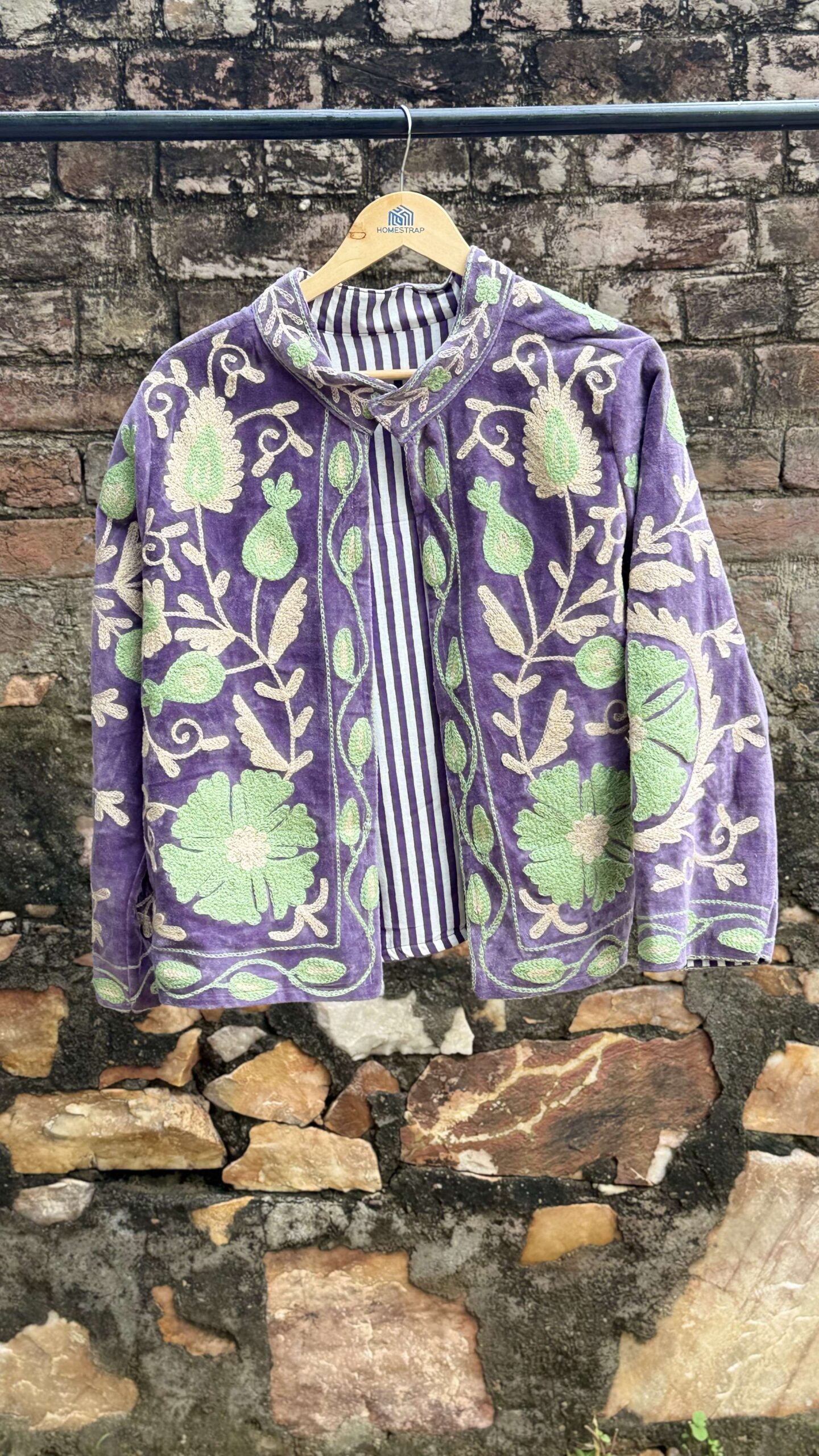 Womens Purple Velvet Embroidered Jacket with Floral Design - Image 2